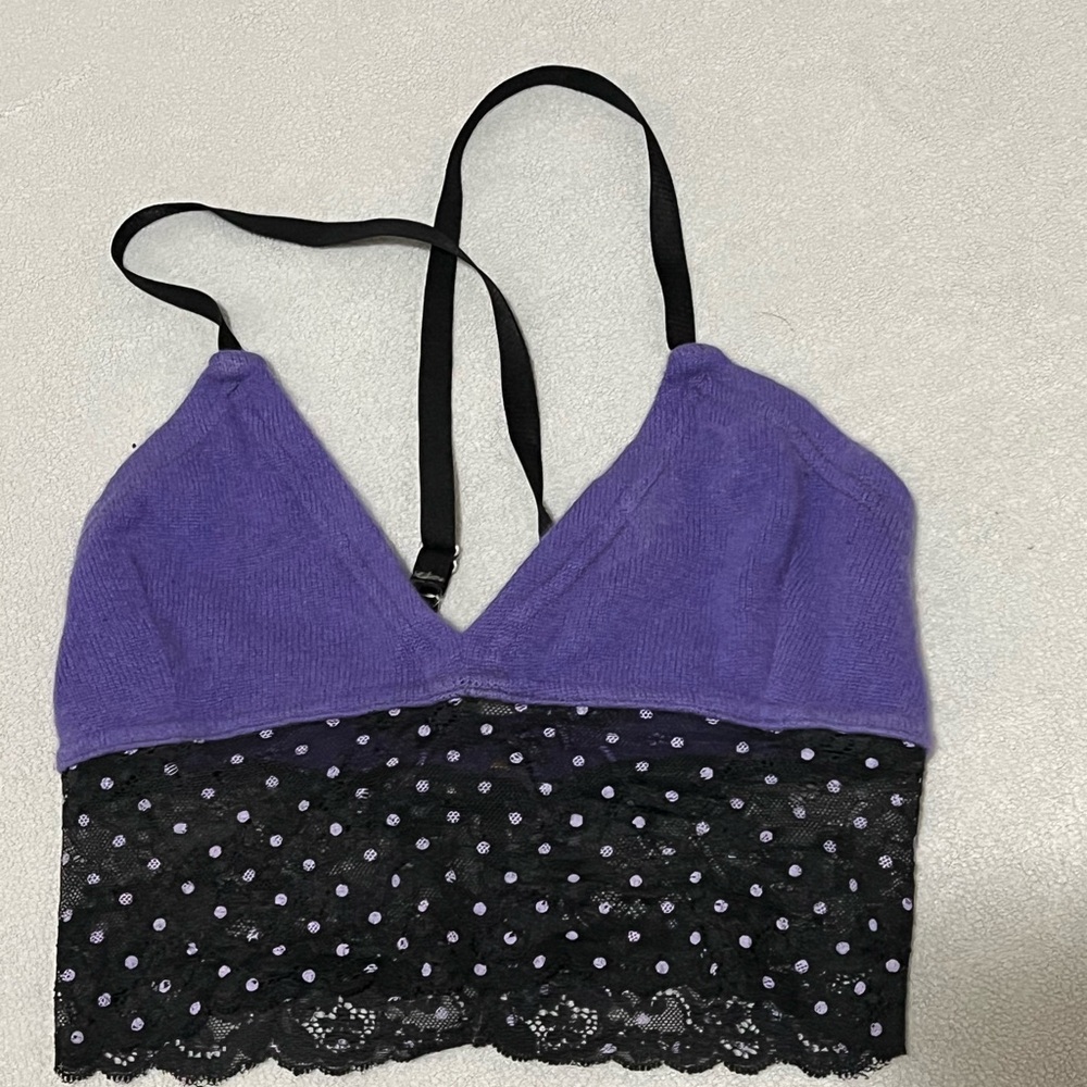 Sartoria upcycled Cashmere Purple and Black Lace Bralette made in Toronto